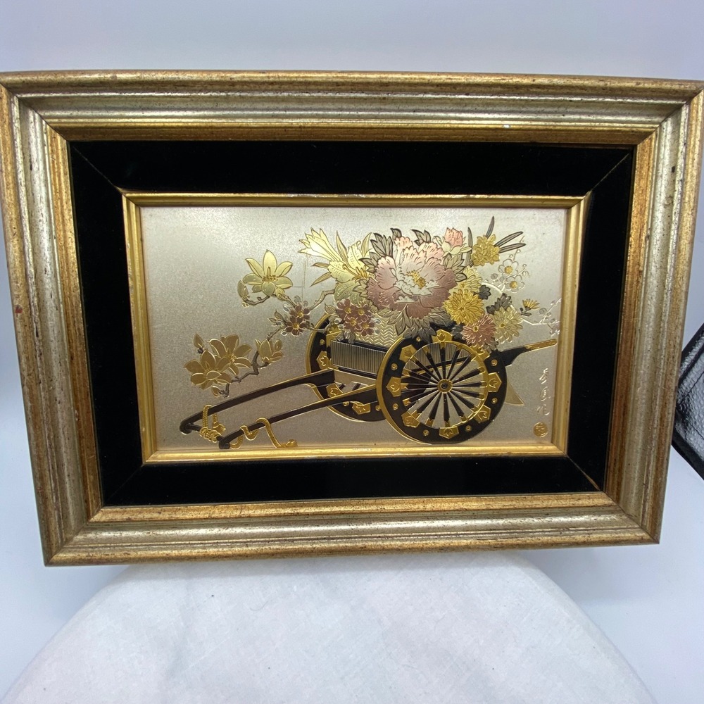 Lin-Art Ltd Japanese Chokin Art Flower Cart Gold Silver Gilt Framed Signed 10x8